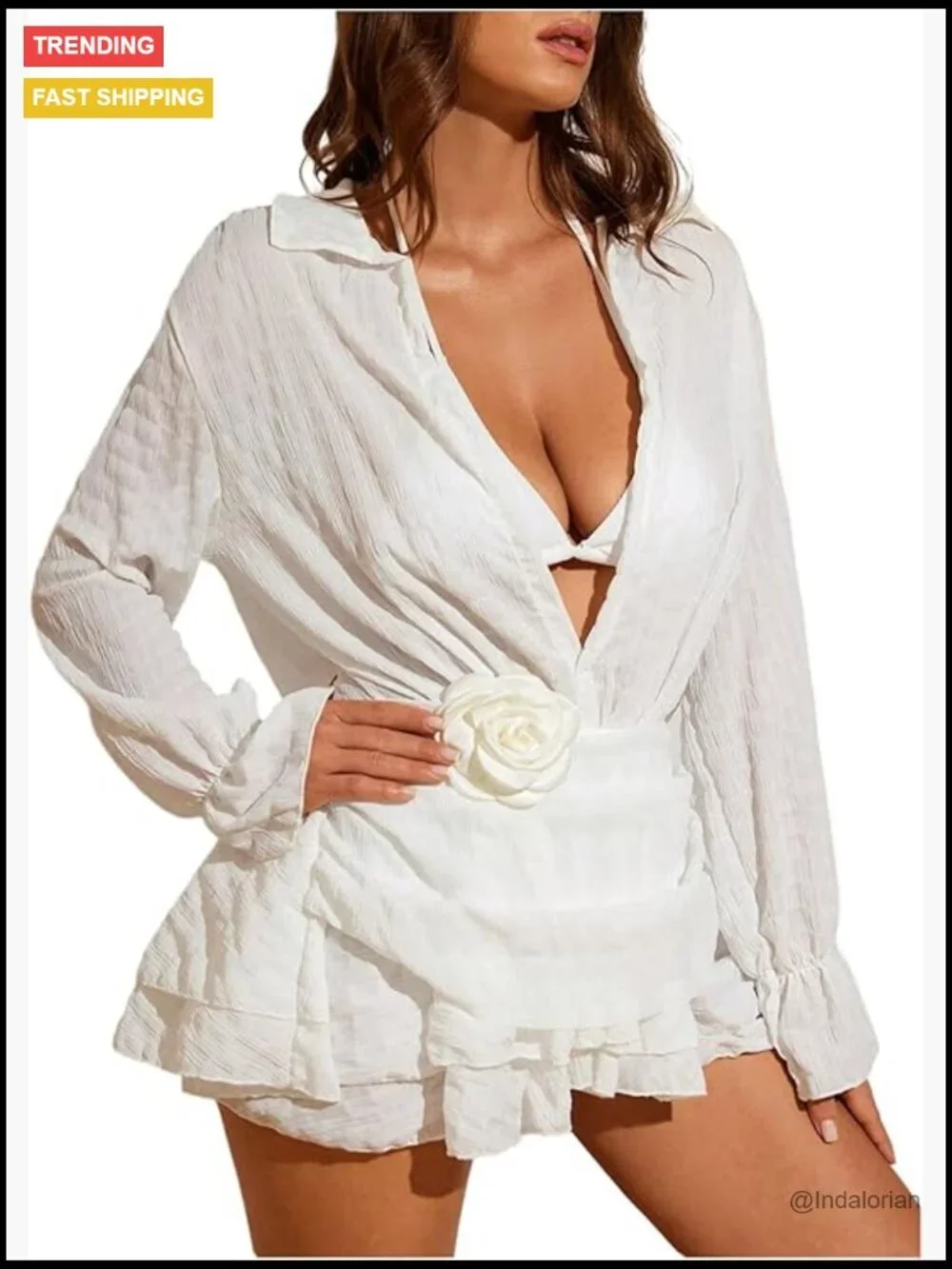 Polyester Beach Cover Up with 3D Floral Tiered Ruffle Long Sleeve